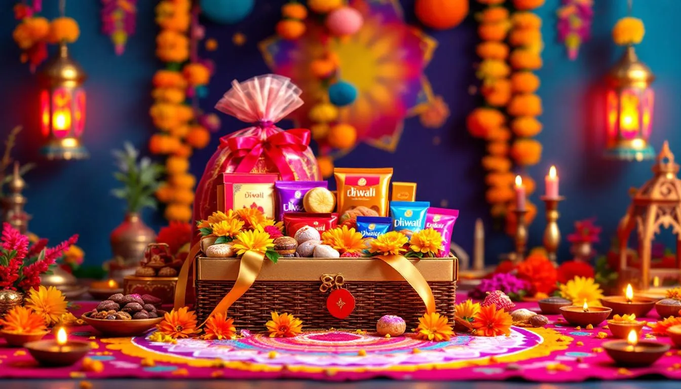 A beautifully arranged Diwali gift hamper featuring sweets and chocolates, perfect for festive gifting ideas.