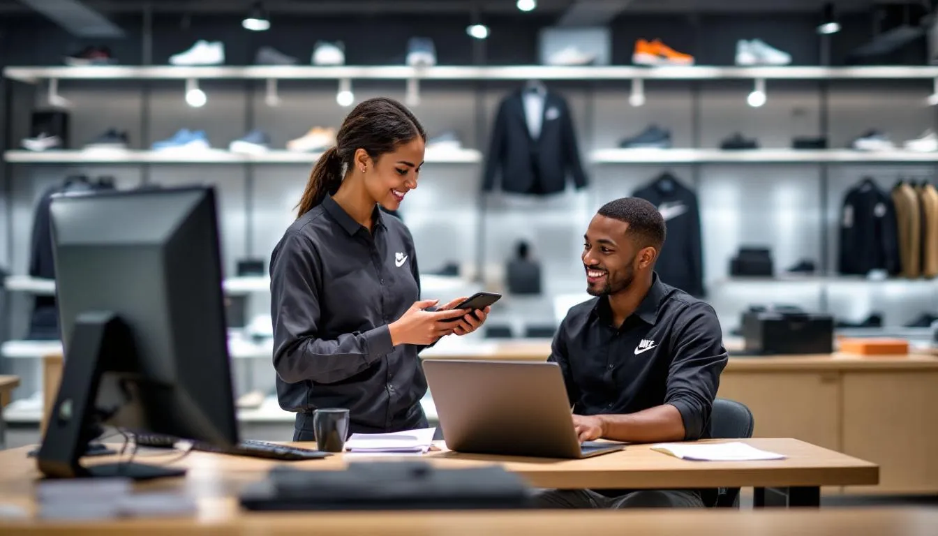 A Nike customer service representative is assisting a customer by using a laptop and a phone, providing support regarding Nike products and services. The scene highlights the commitment of Nike to customer satisfaction, showcasing their footwear apparel and accessories, including popular items like Nike running shoes and Nike Cortez leather sneakers.