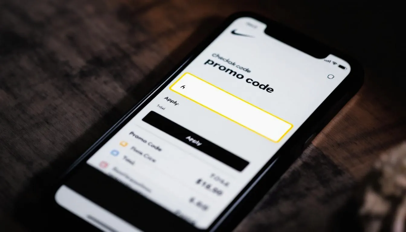 A smartphone screen displays the Nike app's checkout page, with the promo code entry field prominently highlighted, inviting users to input their nike promo code for potential savings on footwear and apparel. The interface features options for various nike products, enhancing the shopping experience for Nike members.