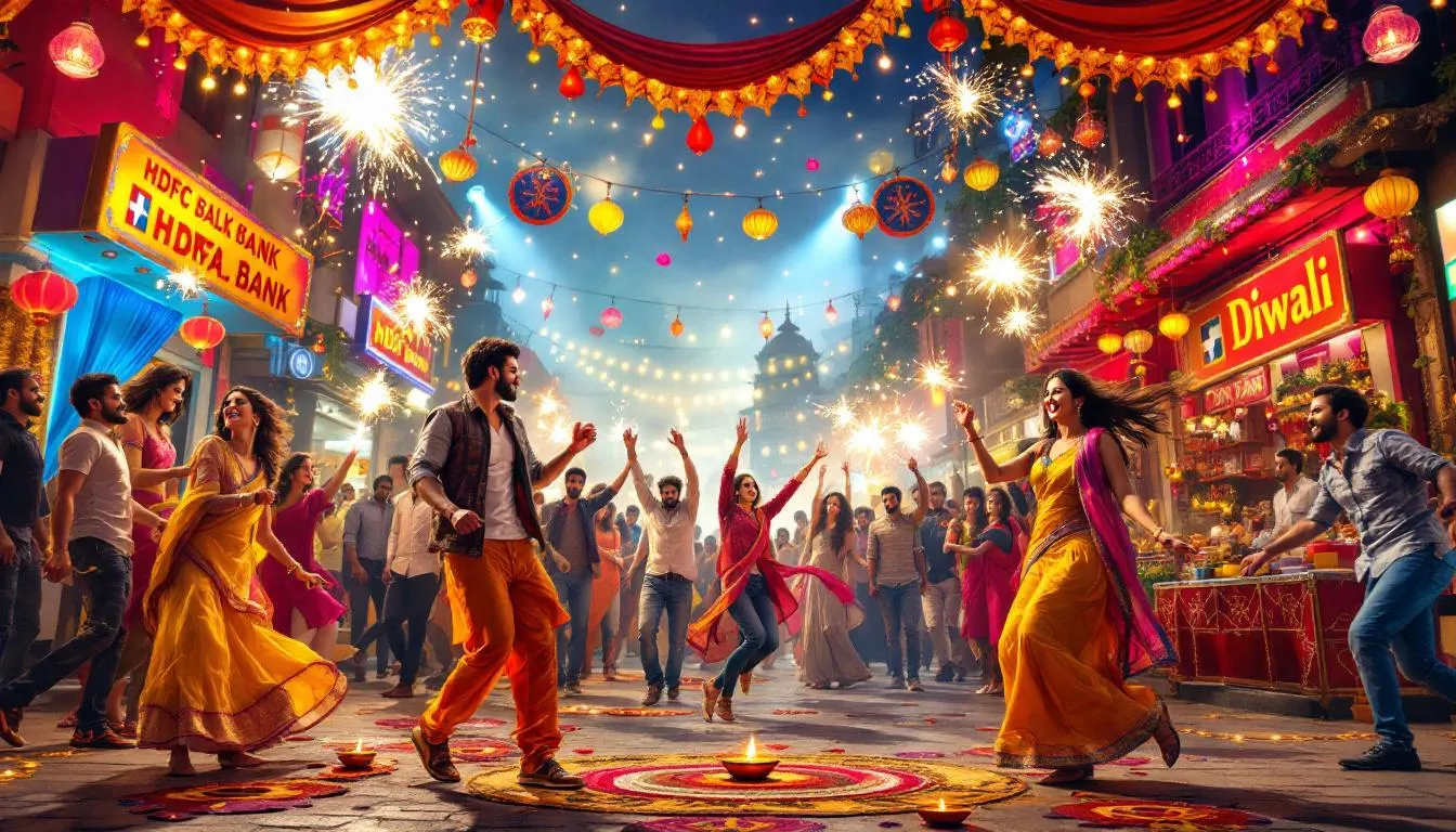A festive display of HDFC Bank offers during Diwali, featuring decorations and promotional materials.