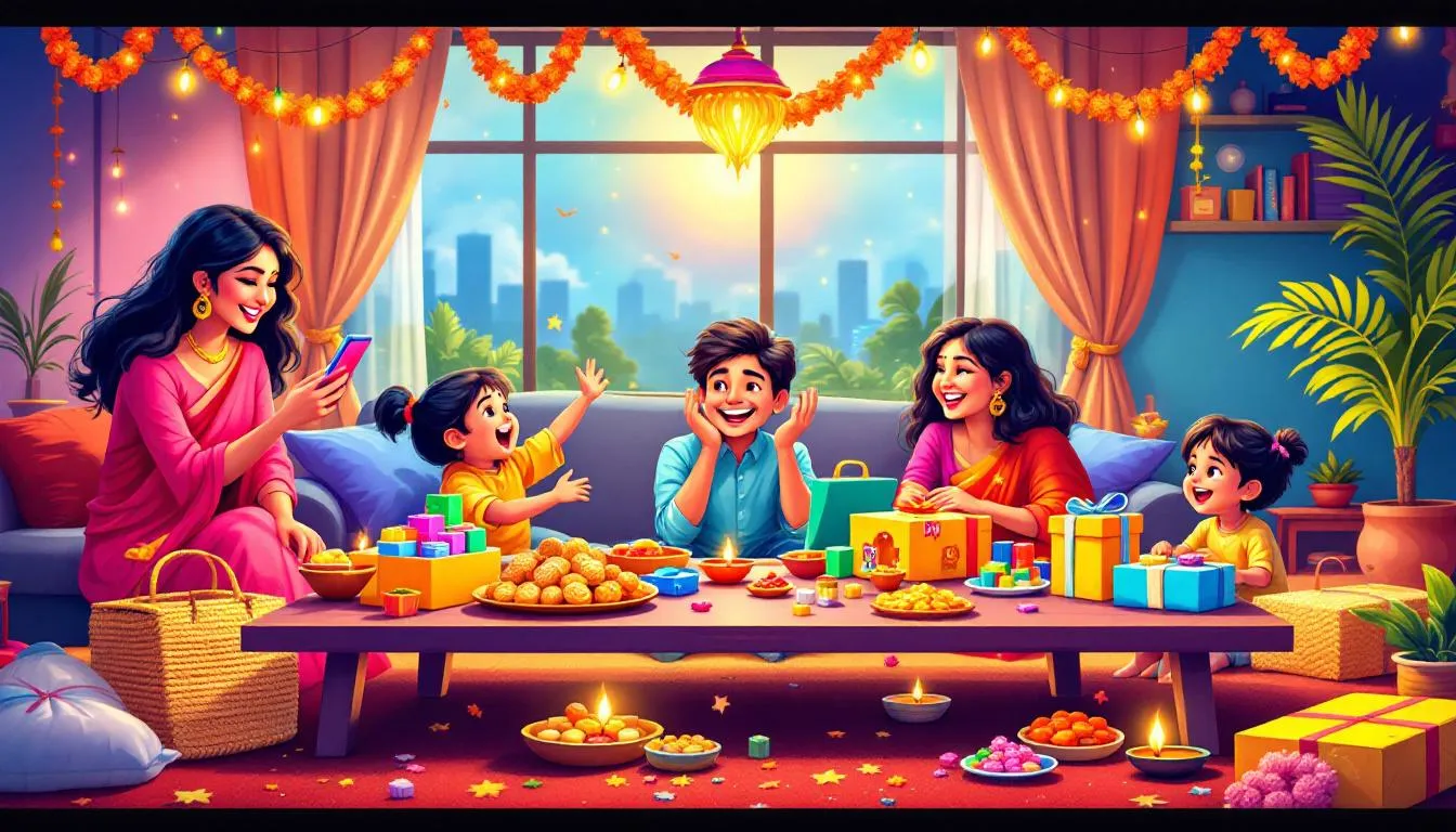 A variety of Diwali gifts for kids, including educational toys and sweet treats.
