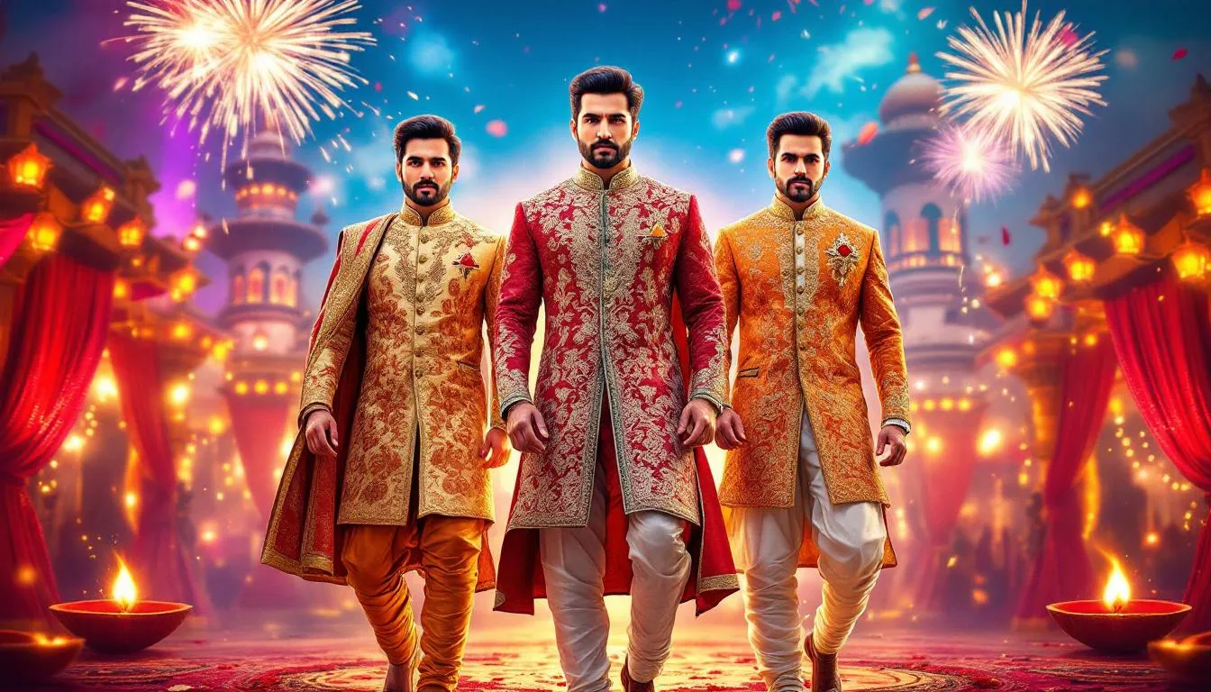 A selection of men's ethnic wear, focusing on sherwanis and kurta pajama sets.