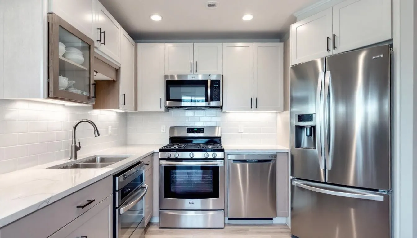 A modern kitchen is displayed, featuring a variety of high-quality home appliances such as a double door refrigerator and a washing machine, showcasing advanced technology and stylish design. This vibrant living space highlights the diverse range of kitchen appliances available at discounted prices, perfect for those looking to take advantage of exciting Diwali deals and exclusive offers.