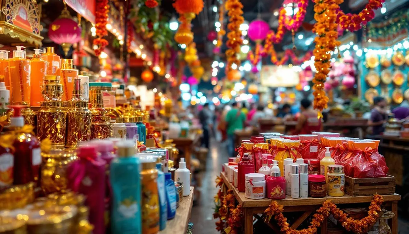 An array of beauty products on display, showcasing exclusive deals for Diwali.