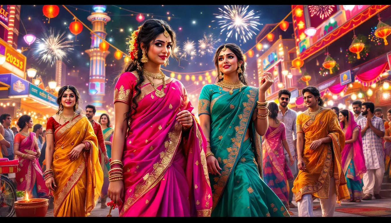 A vibrant display of ethnic wear showcasing festive styles for Diwali, including sarees and kurtas.
