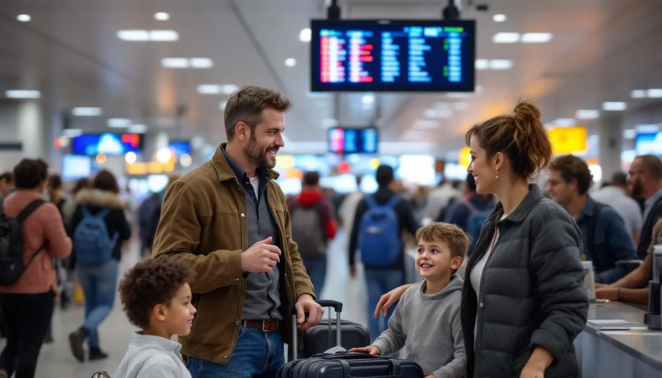 A family stands at a busy airport check-in counter, surrounded by travelers during the festive season, preparing for their holiday packages. They are engaged in flight bookings, likely discussing domestic flights and hotel bookings to take advantage of exclusive deals and discounts.