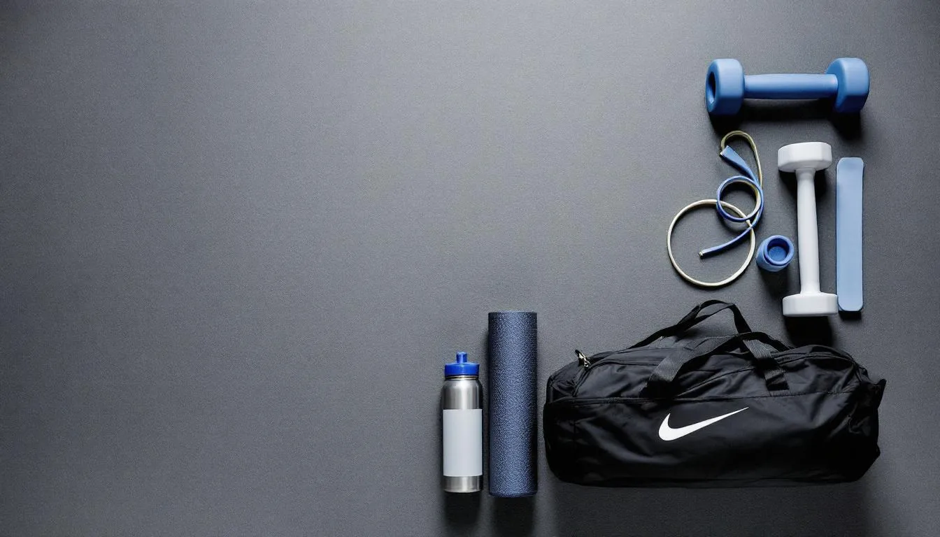 A Nike gym bag, a water bottle, and various training accessories are neatly arranged on a textured athletic surface, showcasing essential items for fitness enthusiasts. This setup reflects the brand's commitment to quality sports apparel and accessories, ideal for those looking to enhance their training experience.