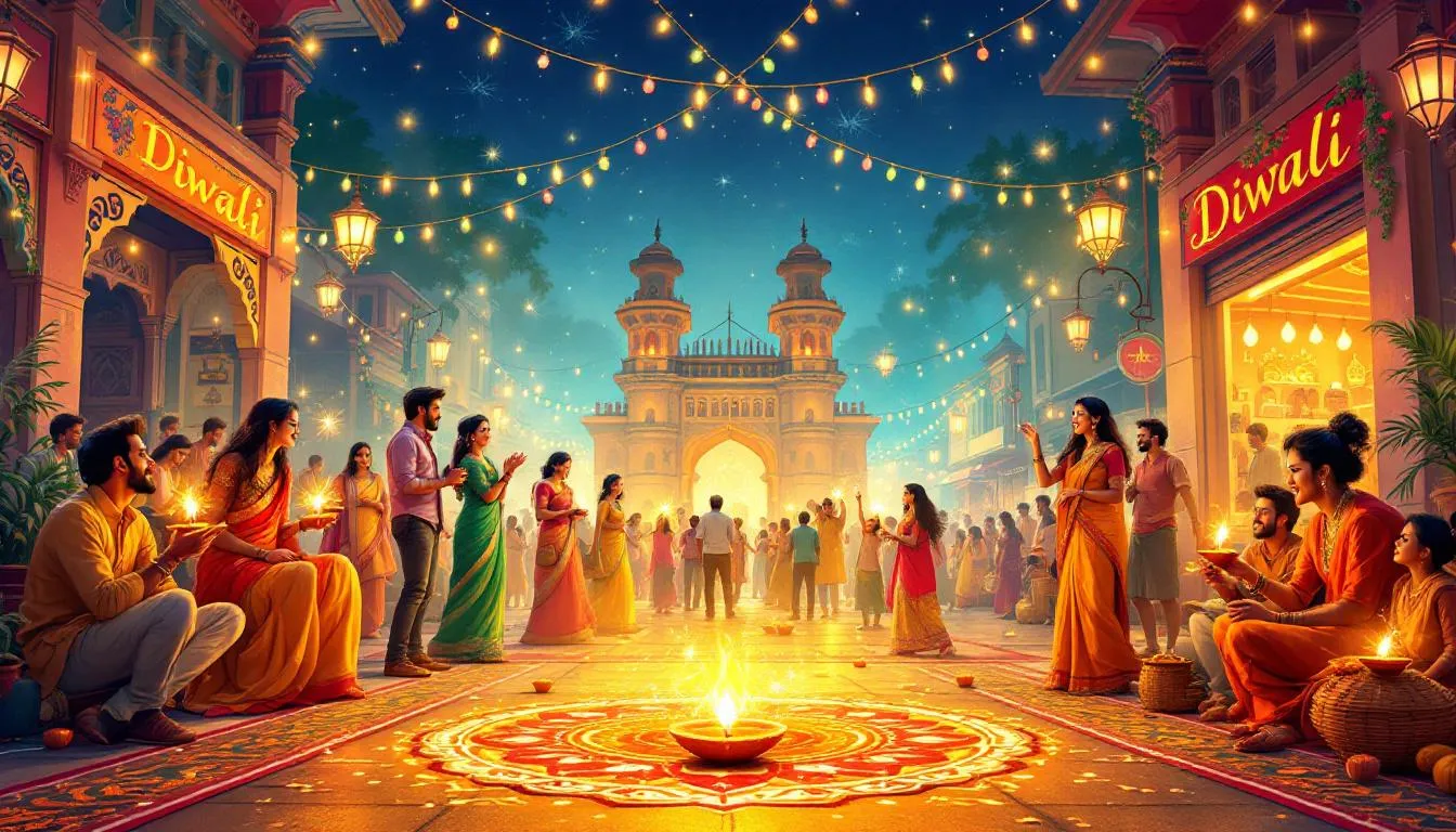An illustration of Diwali celebrations with festive decorations and lights, showcasing various bank offers during the Diwali sale.
