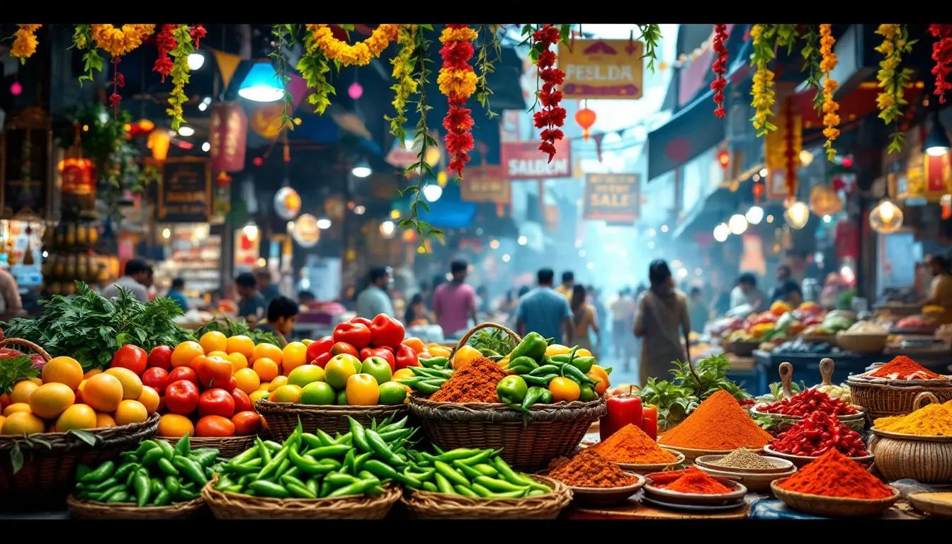 A vibrant display of grocery items during the festive sale in India.