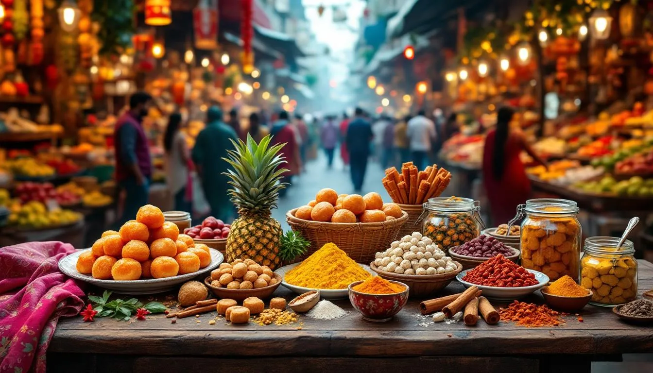 An assortment of must-have festive groceries including sweets and spices.