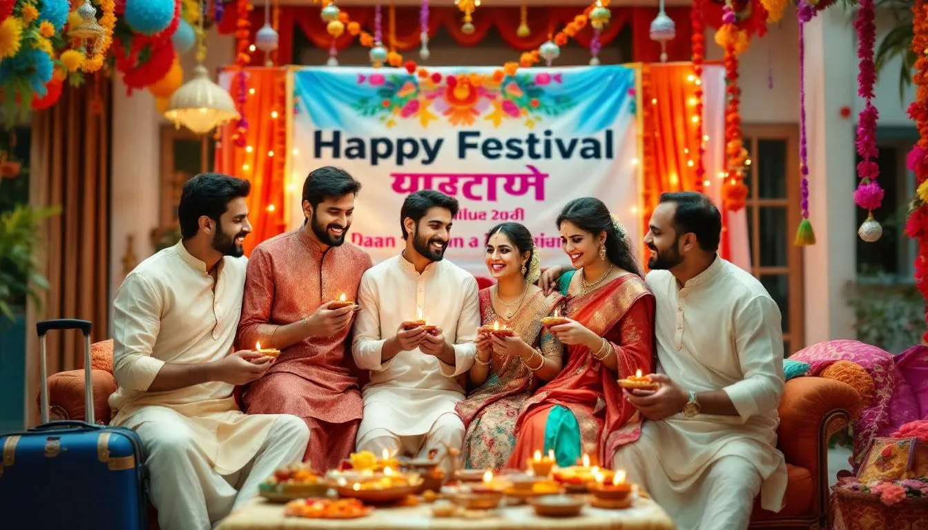 An Indian family is joyfully celebrating a festival, surrounded by colorful decorations and travel luggage, symbolizing their holiday packages and plans for domestic flights. The scene captures the festive spirit, highlighting their excitement for upcoming trips and the convenience of online confirmed bookings.
