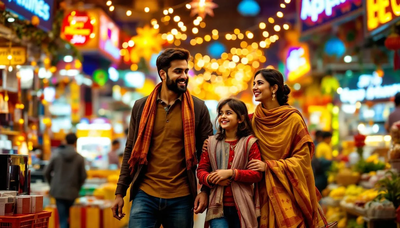 An Indian family is joyfully shopping for home appliances during the festive season, surrounded by vibrant decorations. They are exploring a diverse range of products, including washing machines and double door refrigerators, while looking for the best deals and significant discounts to enhance their living space.