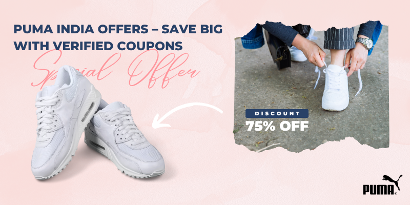 Flat lay of Puma shoes and apparel with discount offer text