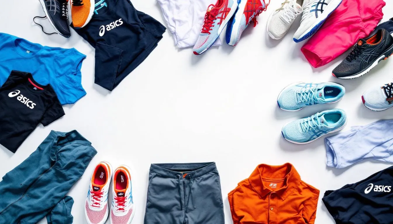 The image features a variety of ASICS athletic shoes and apparel arranged neatly against a clean white background, showcasing the latest styles and products available in the ASICS store. This display highlights running shoes and selected apparel, perfect for anyone looking to save with ASICS coupon codes and discounts.