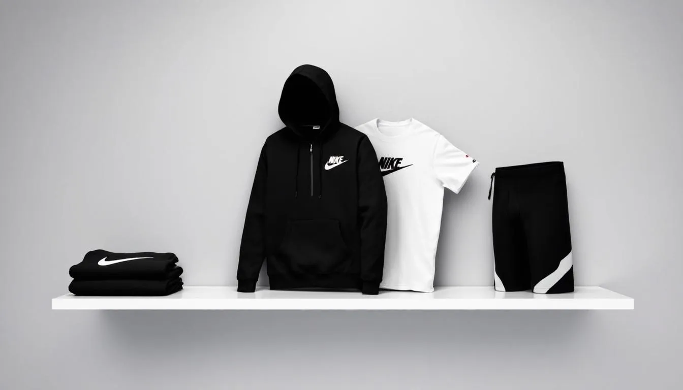 A collection of Nike athletic wear is displayed, featuring various items such as hoodies, t-shirts, and training gear, ideal for sports enthusiasts. The assortment includes options for men, women, and kids, showcasing the latest Nike styles for active wear and casual wear.