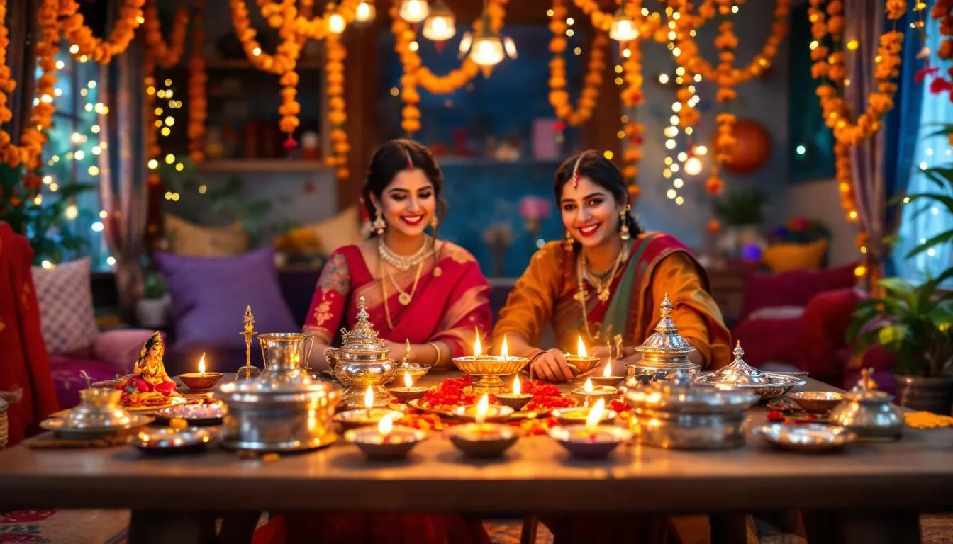 Traditional Diwali gifts including silver items and decorative diyas for the festive spirit.