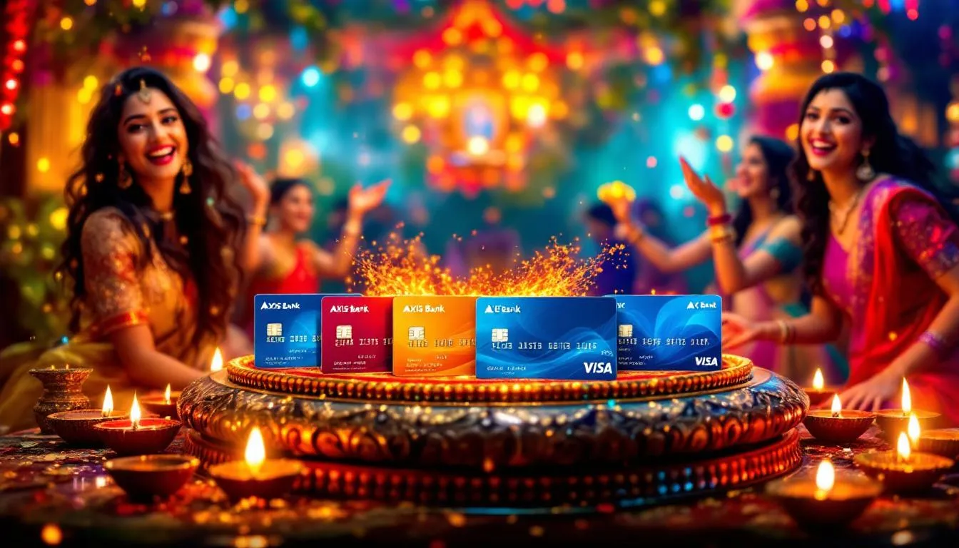 A collection of Axis Bank credit cards with festive backgrounds, highlighting exclusive offers available during Diwali.