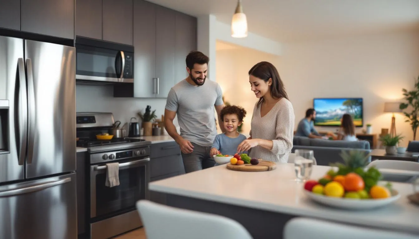 A family is happily using modern home appliances, including a washing machine and a double door refrigerator, in their well-organized kitchen and living space. The scene reflects a festive atmosphere with the potential for exciting discounts and exclusive deals on high-quality appliances, perfect for the Diwali season.