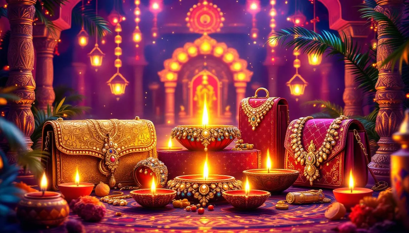 A collection of fashion accessories including jewelry and handbags that enhance festive looks.