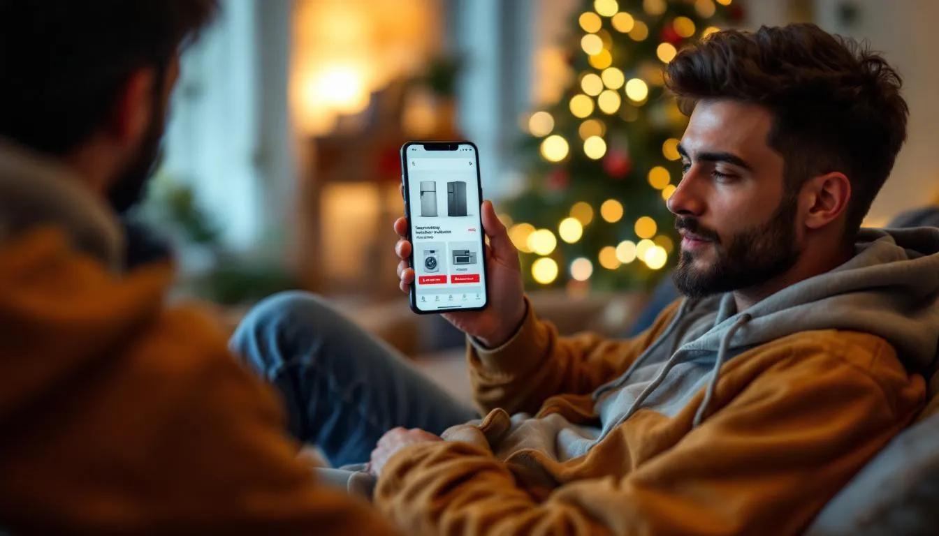 A person is using a smartphone to browse an online shopping app, exploring exciting home appliance deals during the festive season, including washing machines and double door refrigerators. The screen displays various discounted prices and exclusive offers, highlighting significant discounts and promo codes for top brands.